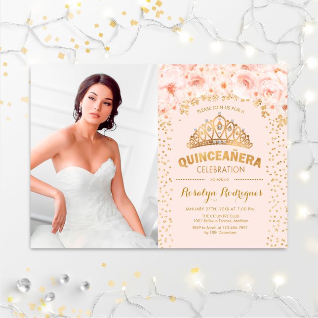 Quinceanera med foto - Guld  Rosa Inbjudningar (Skapare uppladdad)