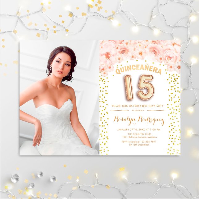Quinceanera med Photo Guld Rosa Blommigt Inbjudningar (Skapare uppladdad)