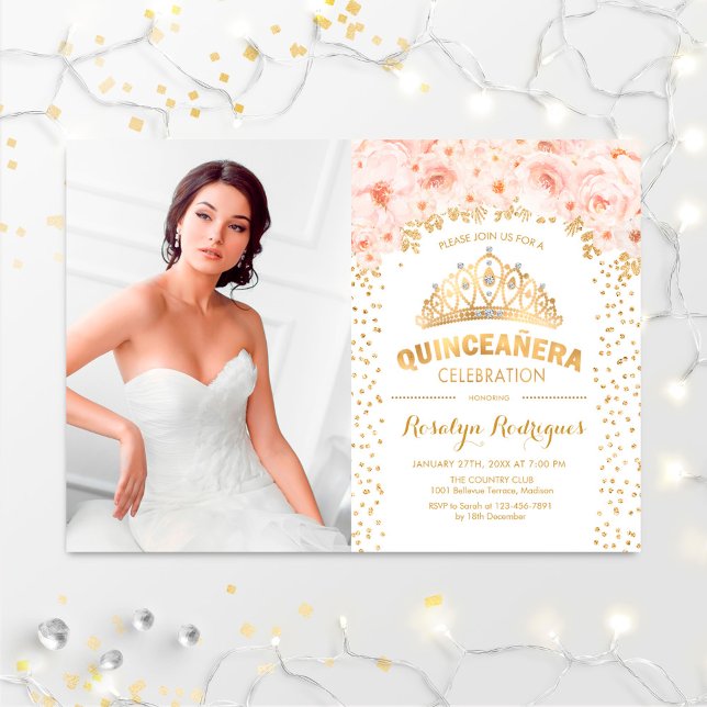 Quinceanera med Photo - Guld Rosa Blommigt Inbjudningar (Skapare uppladdad)