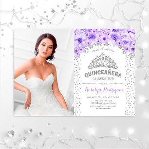 Quinceanera med Photo - Silver Lila White Inbjudningar