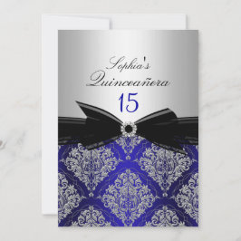 Quinceanera-meddelanden om Blue & Silver Damask Inbjudningar