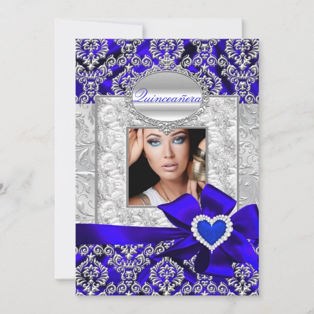 Quinceanera-meddelanden om Blue & Silver Damask Inbjudningar (Framsida)