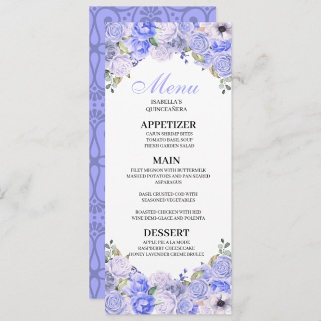 Quinceanera Menu för Periwinkle Blue Blommigt Inbjudningar (Fram/baksida)