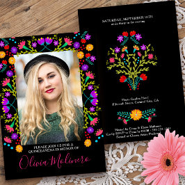 Quinceanera Mexican Fiesta Blommigt Black Photo Inbjudningar