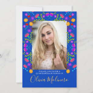 Quinceanera Mexican Fiesta Blommigt Blue Photo Inbjudningar