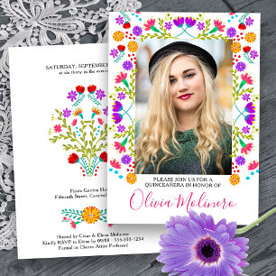 Quinceanera Mexican Fiesta Blommigt White Photo Inbjudningar