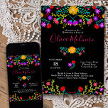 Quinceanera Mexican Fiesta Colorful Blommigt Black Inbjudningar<br><div class="desc">Mexikanska fiesta Quinceanera-inbjudan till din dotters 15:e födelsedagsfirande. Den här blommigten Quinceañera-temat har färgstarka mexikanska konstblommor i rött, rosa, lila och gult i svart bakgrund. På baksidan av kortet finns en blommigt bouquet som är gjord av samma fiesta-blommor. Mallen är konfigurerad så att du kan anpassa redot med all din...</div>