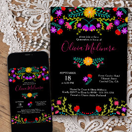 Quinceanera Mexican Fiesta Colorful Blommigt Black Inbjudningar