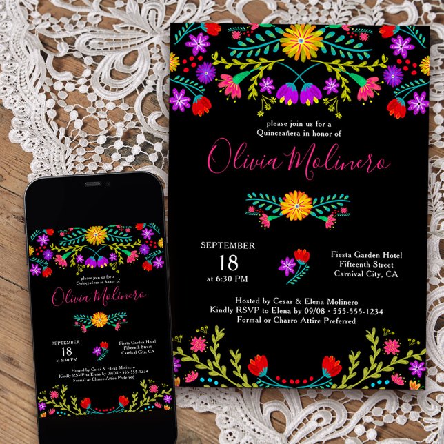 Quinceanera Mexican Fiesta Colorful Blommigt Black Inbjudningar (Quinceanera invitation from my Mexican Fiesta Floral collection)