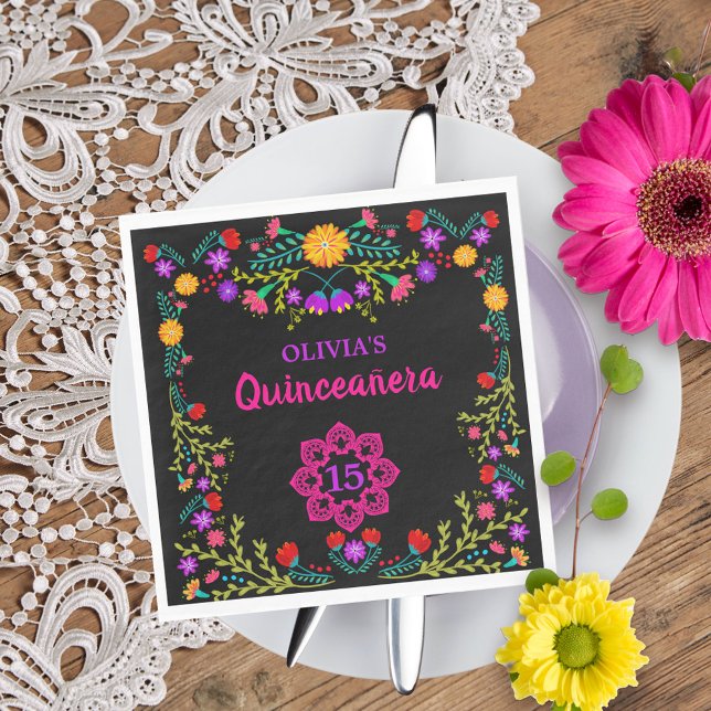 Quinceanera Mexican Fiesta Flowers Black Birthday Pappersservett (Quinceanera napkins from my Mexican Fiesta Floral collection
)
