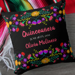 Quinceanera Mexican Fiesta Flowers Black Kudde<br><div class="desc">Quinceañera-kudden med mexikanska fiesta-blommor - eller känn dig fri att anpassa som en vacker keepsakpresenten för att fira vilken tillfälle som helst. Den här färgstarka och livfulla Quinceanera-kudden har mexikanska konstblommor i rosa lila gult röd blått och grönt. Mallen är konfigurerad så att du kan anpassa redot med tillfälle, namn...</div>