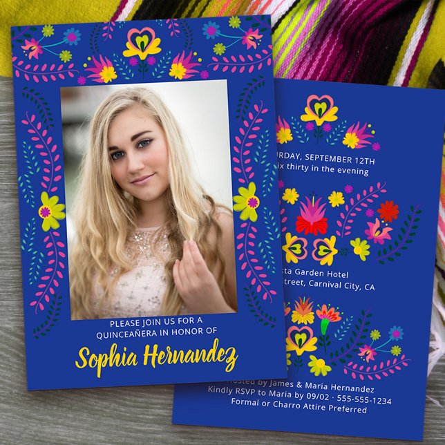 Quinceanera Mexican Fiesta Party Royal Blue Photo Inbjudningar (Quinceanera Invitation with photo from my Mexican Fiesta Party collection)