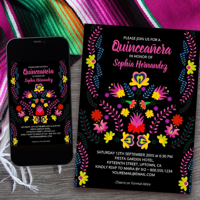 Quinceanera Mexican Party Flowers Black Birthday Inbjudningar (Quinceanera Invitation from my Mexican Fiesta Party collection
available printed or download)