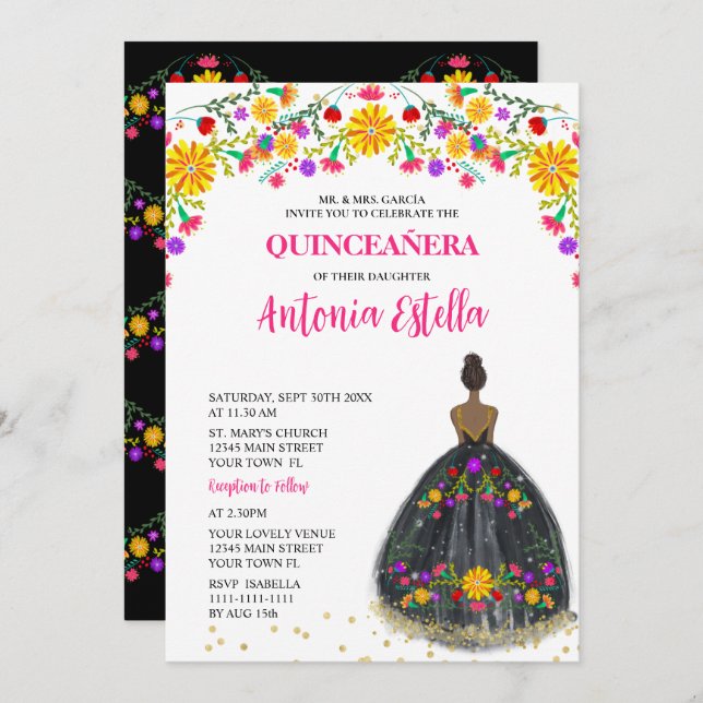 Quinceañera Mexikansk Fest Prinsessa Klänning Inbjudningar (Fram/baksida)
