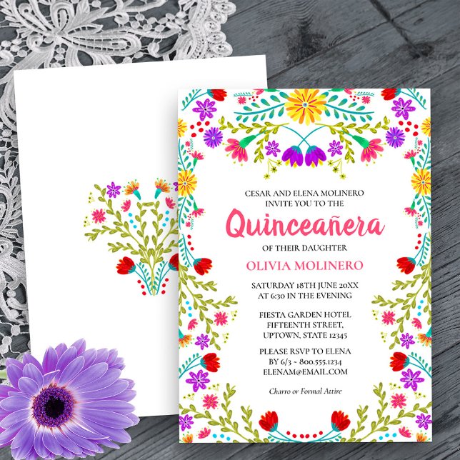 Quinceanera Mexikanska Blommigten Fiesta 15:e föde Inbjudningar (Quinceanera Invitation from my Mexican Fiesta Flowers Quinceanera Collection -printed or digital)