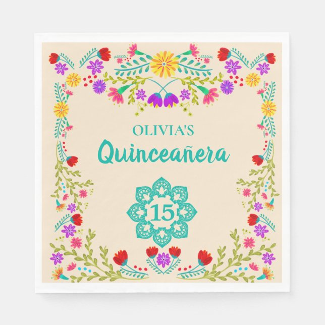 Quinceanera Mexikanska Blommigten Sweet 15 Birthda Pappersservett (Framsidan)