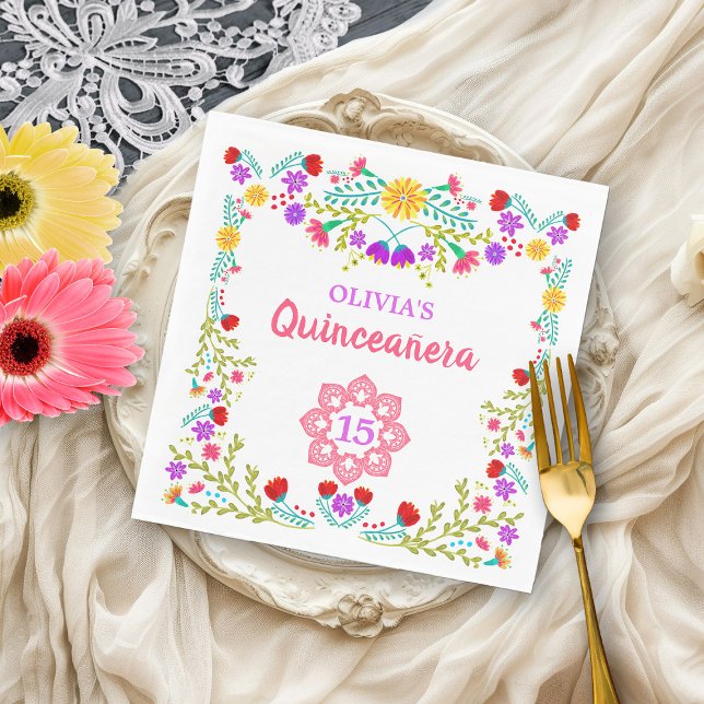 Quinceanera Mexikanska fiesta Flowers 15:e födelse Pappersservett (15th birthday napkins from my Mexican Fiesta Flowers Quinceanera Collection)