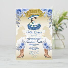 Quinceanera, mexikanska Guld Blue Ro Flowers Quinc Inbjudningar