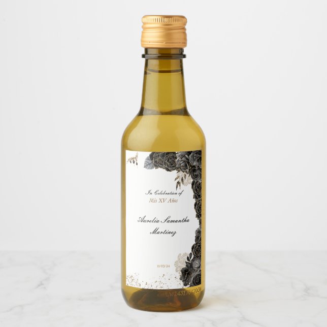 Quinceañera Mini Vin Flaska-etiketterna Black och  Vinetikett (Framsida)