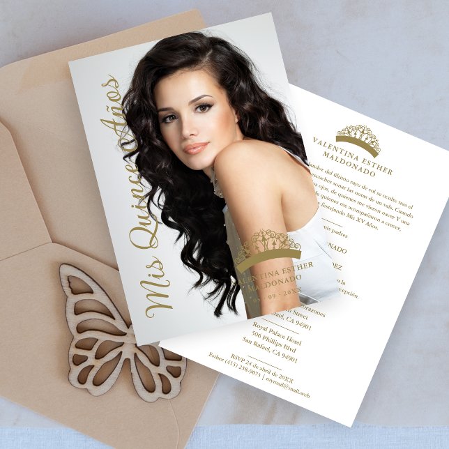 Quinceañera Minimal Photo Finare Calligraphy-skrip Inbjudningar (Quinceañera Minimal Photo Fancy Calligraphy Script Invitation with Envelope.)