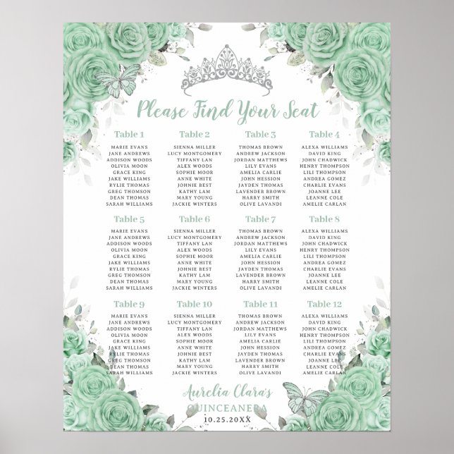 Quinceañera Mint Green Floral Silver Sittsäte Poster (Framsidan)