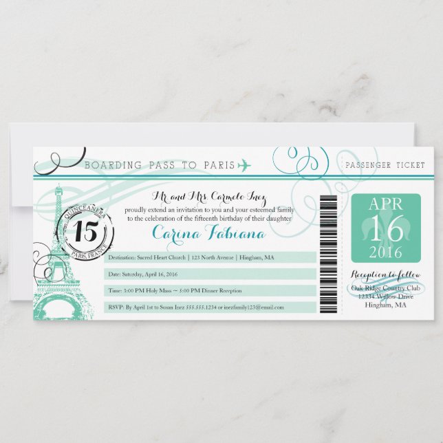 Quinceanera Mint Grönt and Teal | Paris Inbjudningar (Framsida)