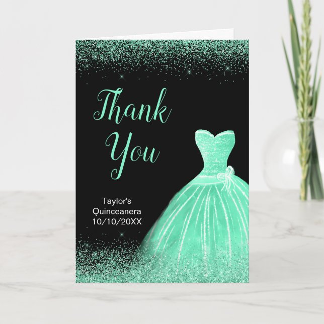 Quinceanera Mint Grönt Dress Faux Glitter Tack Kort (Framsida)