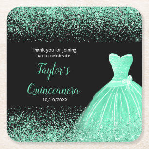 Quinceanera Mint Grönt Faux Glitter Underlägg Papper Kvadrat