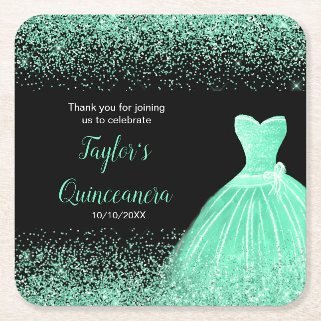 Quinceanera Mint Grönt Faux Glitter Underlägg Papper Kvadrat (Framsidan)