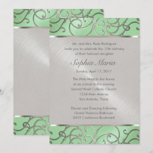 Quinceanera Mint Grönt och Silver Filigree Swirls Inbjudningar