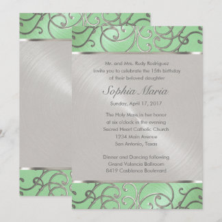 Quinceanera Mint Grönt och Silver Filigree Swirls Inbjudningar