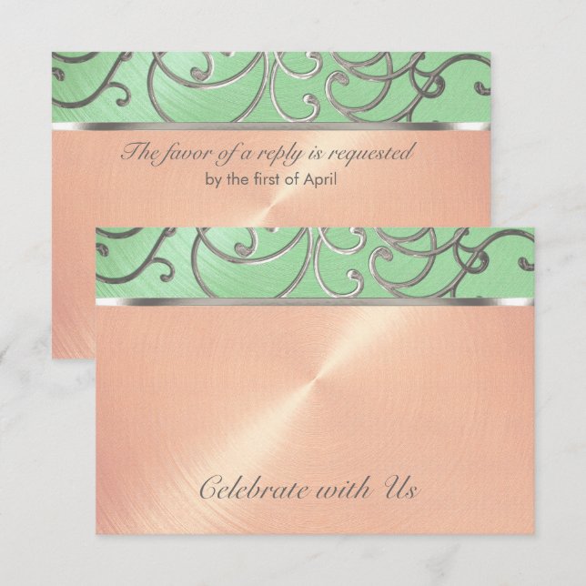 Quinceanera Mint Grönt Peach Silver Filigree Swirl Inbjudningar (Fram/baksida)