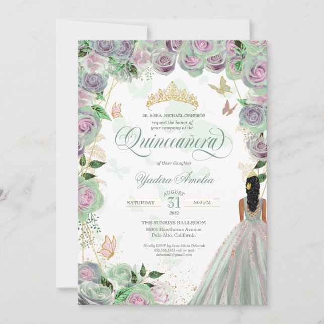 Quinceanera Mint Grönt Ro Elegant Butterfly Inv Inbjudningar (Framsida)