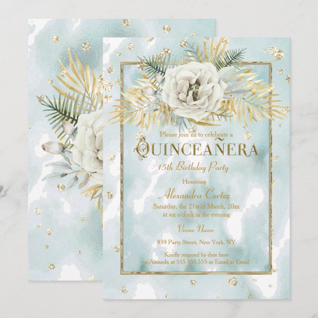 Quinceanera Mint Teal Guld marble Ro Blommigt Inbjudningar (Fram/baksida)