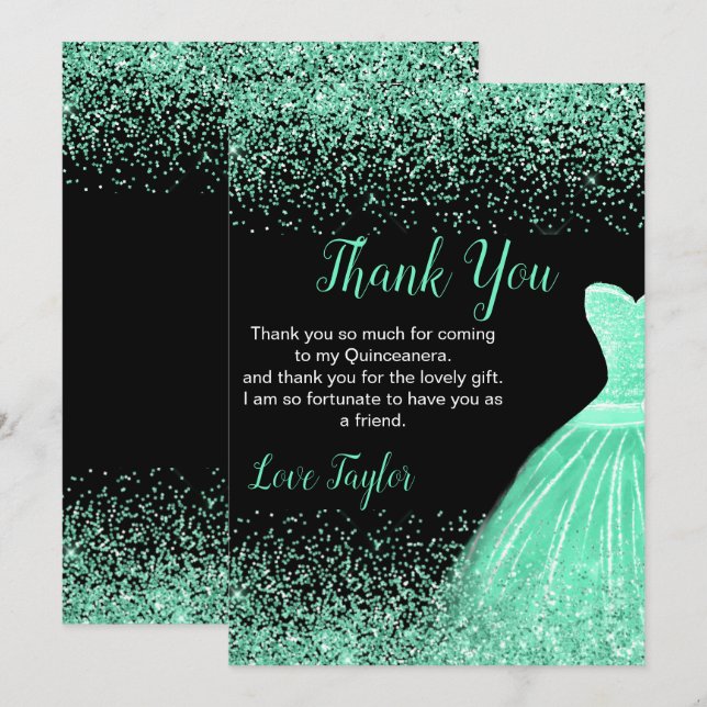 Quinceanera Mintgrön Klänning Falskt Glitter Tack Kort (Fram/baksida)