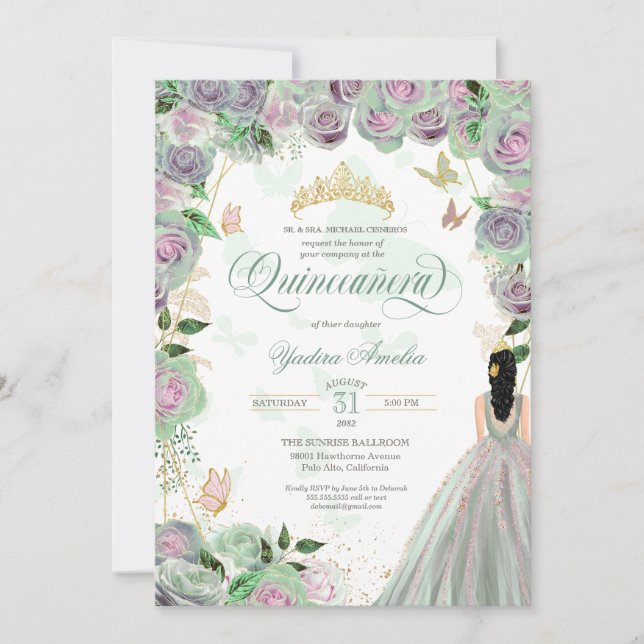 Quinceanera Mintgröna Rosor Elegant Fjäril Inbjudningar (Framsida)