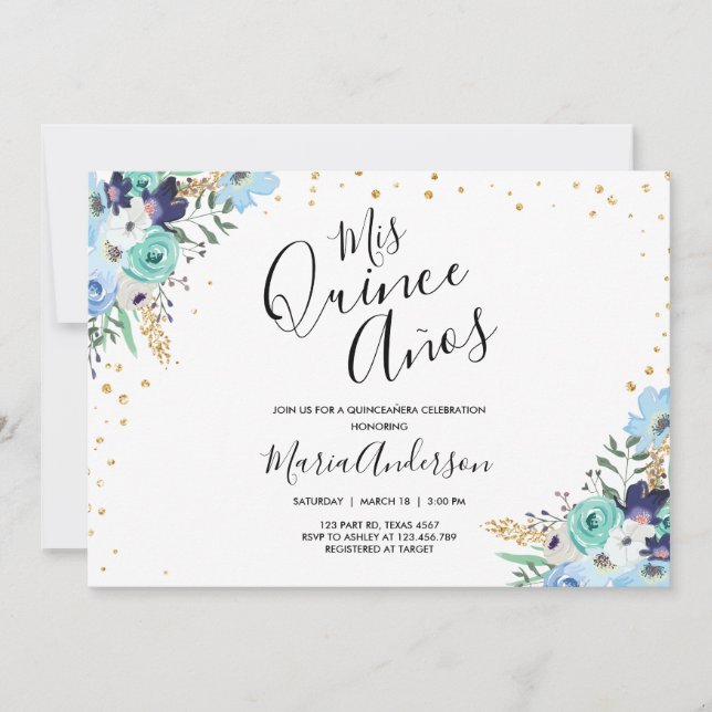 Quinceañera Mis Quince Años Blue Blommigt Birthday Inbjudningar (Framsida)