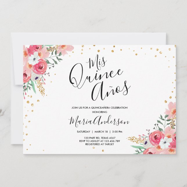 Quinceañera Mis Quince Años Rosa Blommigt Birthday Inbjudningar (Framsida)
