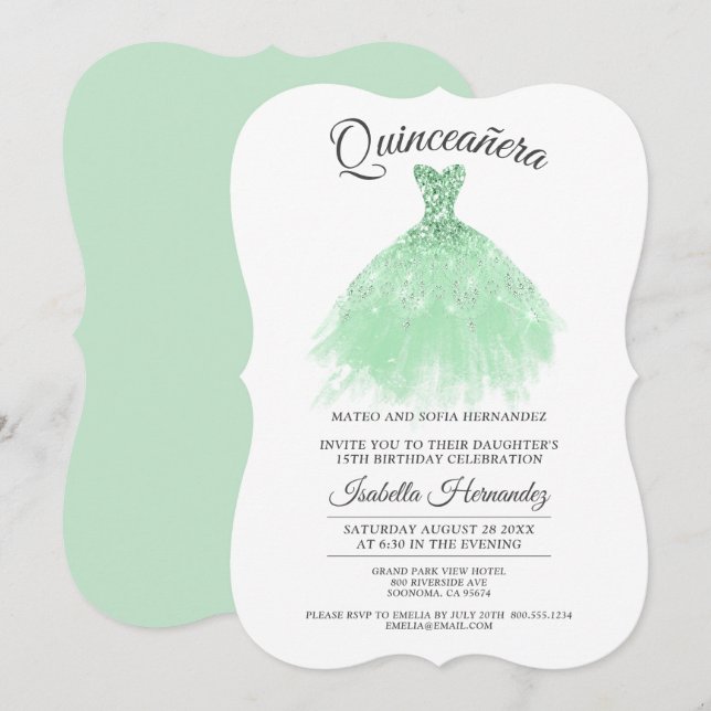 Quinceanera Mis Quince Mint Grönt Glitter Dress Inbjudningar (Fram/baksida)