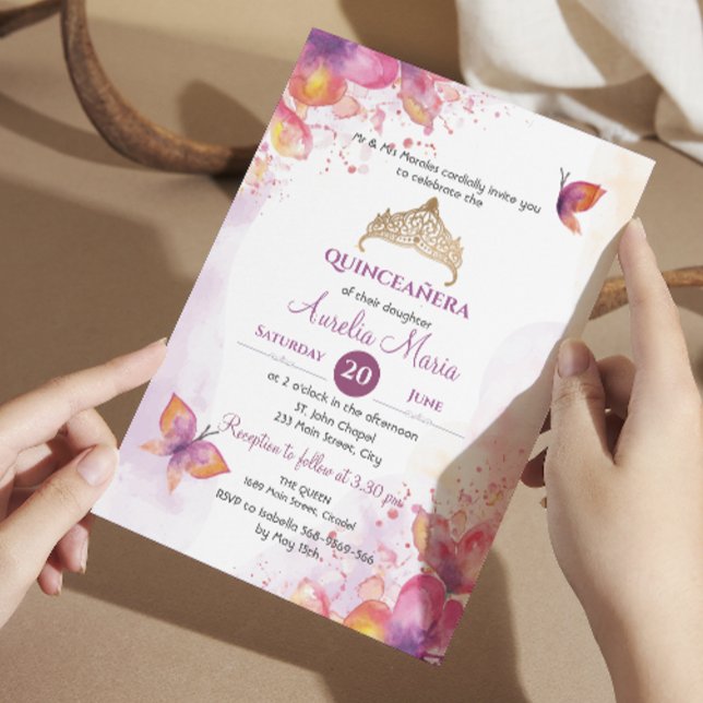 Quinceañera mis quince Tiara Butterflies Inbjudningar (Skapare uppladdad)