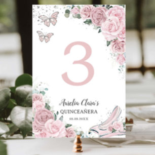 Quinceañera Mjuk Rosa Blommig Prinsessa Askungen Bordsnummer
