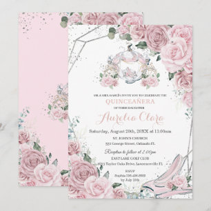 Quinceañera Mjuk Rosa Blommig Prinsessa Vagn Inbjudningar