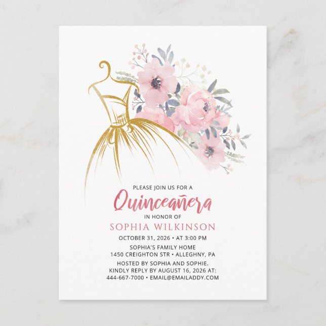 Quinceanera Modern Blommigt 15:e födelsedagen Inbjudan Vykort (Framsida)