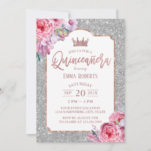 Quinceanera Modern Blommigt Silver Glitter födelse Inbjudningar (Framsida)