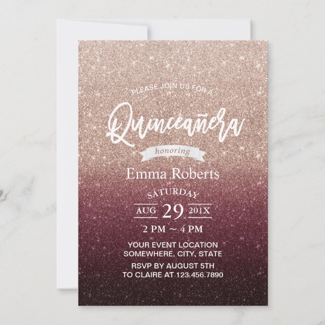 Quinceanera Modern Burgundy & Ro Guld Ombre Inbjudningar (Framsida)