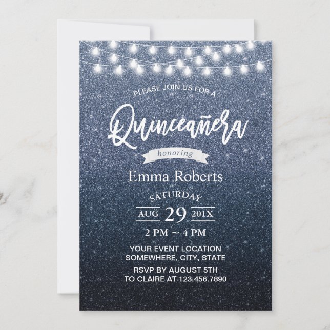 Quinceanera Modern Navy Blue Glitter String Ljus Inbjudningar (Framsida)