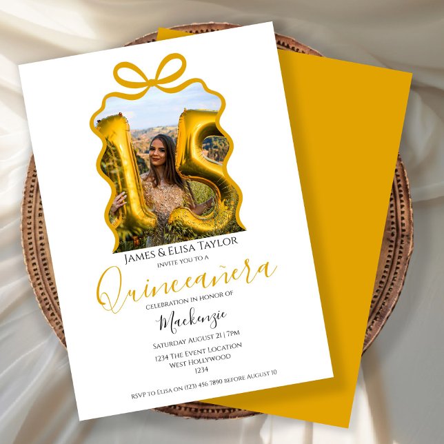 Quinceanera Modern Ribbon Ram Inbjudningar (Quinceanera Modern Ribbon Frame Invitation by Ricaso. A simple trendy photo template.  15 year old)