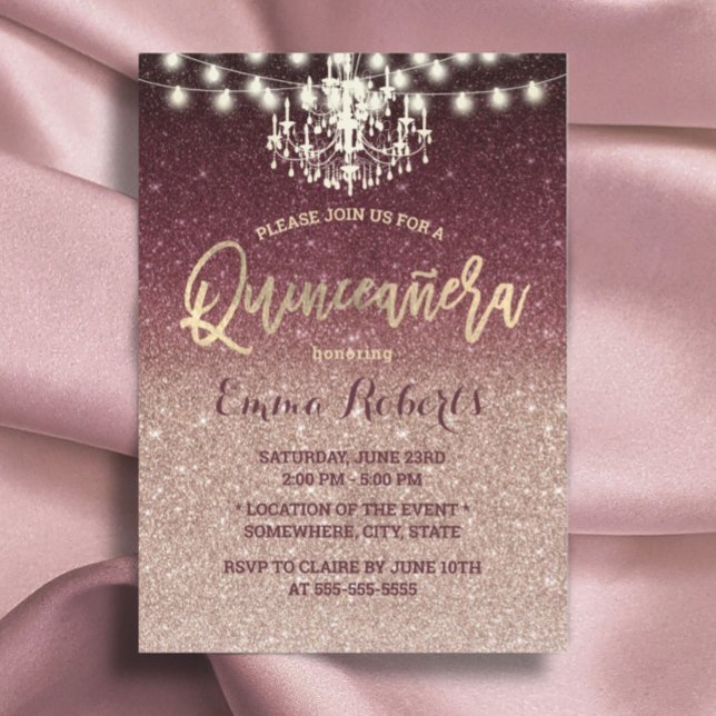 Quinceanera Modern Ro Guld och Burgundy Glitter Inbjudningar (Skapare uppladdad)