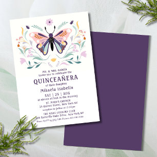 Quinceañera Modern Rosa Lila Butterfly Blommigt Inbjudningar