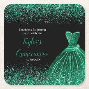 Quinceanera Mörk grönt Faux Glitter Underlägg Papper Kvadrat